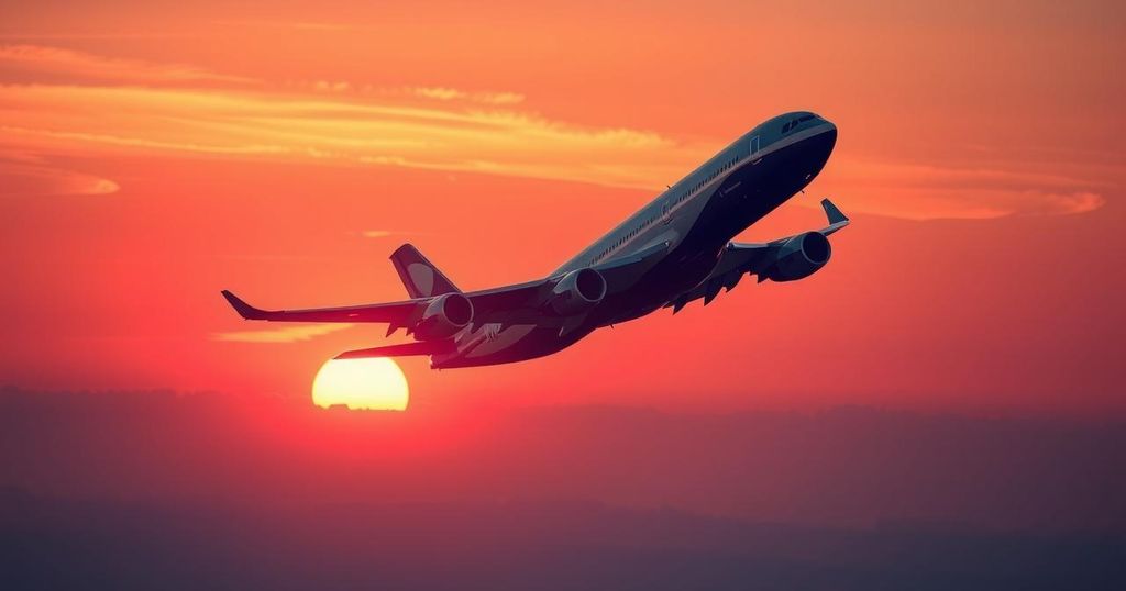 A plane taking off against a sunset sky, symbolizing diplomatic travel and international connections.
