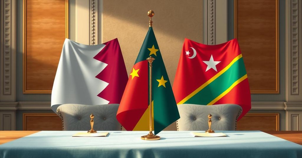 A peace agreement signing ceremony with flags of Qatar, DRC, and M23 in a formal setting symbolizing hope and unity.