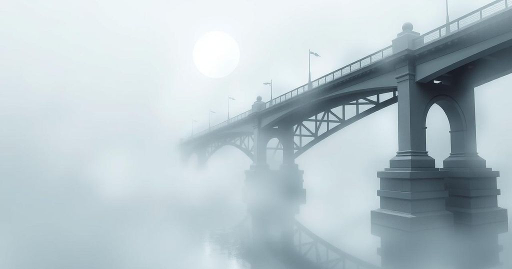 Foggy Buenos Aires streets with iconic bridge shrouded in mist, conveying a sense of mystery and stillness.