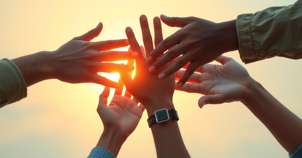 A representation of solidarity, featuring diverse hands supporting refugees, against a backdrop of a hopeful sunrise.