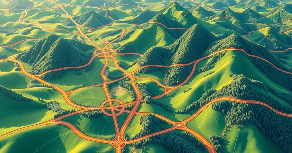 A vibrant network of roads and highways in a lush landscape, symbolizing infrastructure development and connection.