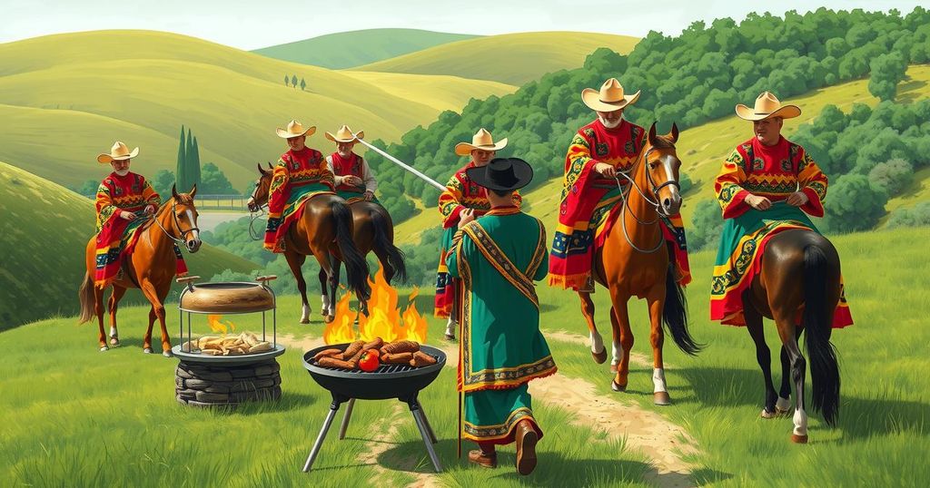 Gauchos riding horses in a traditional barbecue setting, celebrating independence with vibrant colors in a lively outdoor scene.