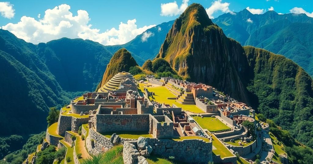 Stunning view of Machu Picchu surrounded by lush green mountains under a bright blue sky.
