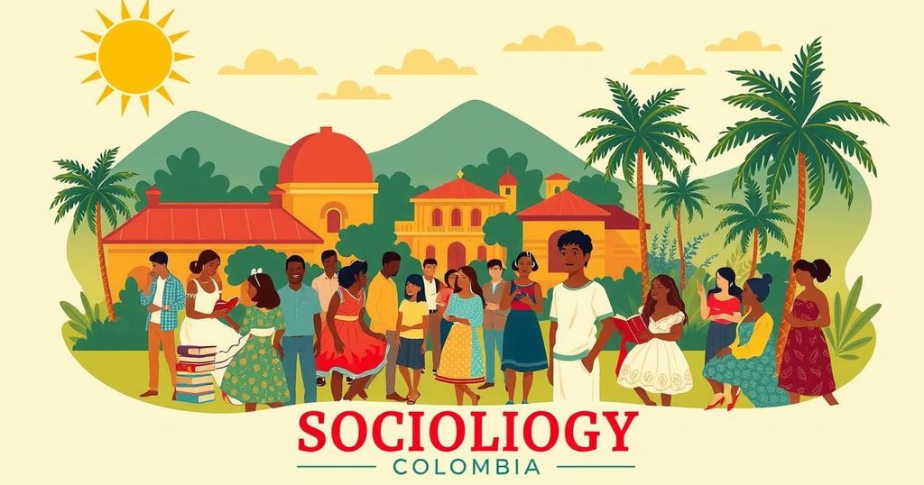 Tribute to Orlando Fals Borda with vibrant colors and symbolic elements of sociology, education, and Colombia's culture.