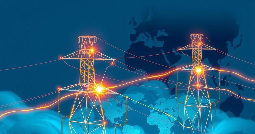 A conceptual illustration showing power lines with electric sparks connecting Nigeria to neighboring countries with dramatic lighting.