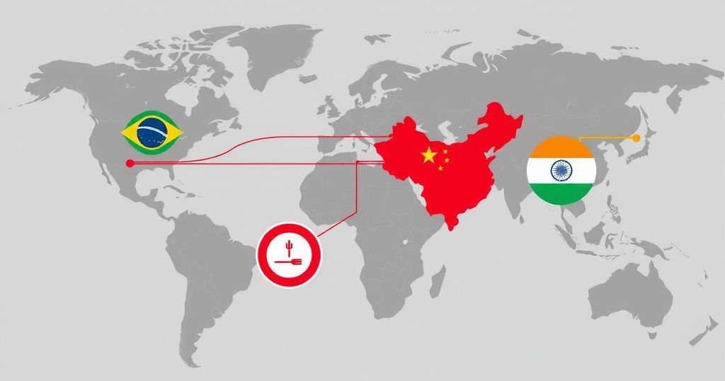 A world map highlighting Brazil, China, and India amid sanctions discussions, with arrows indicating potential impacts of tariffs.