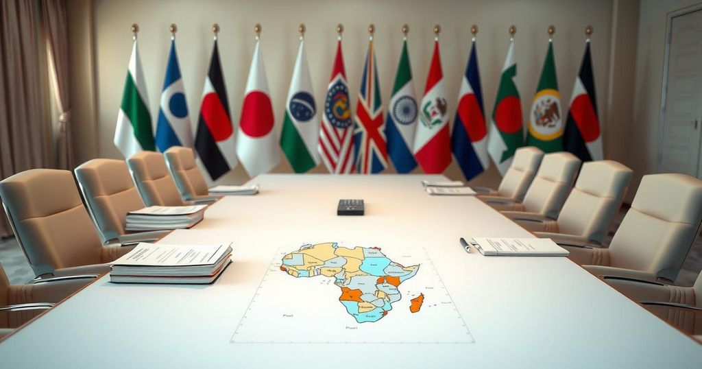 A symbolic meeting representation between Niger and the U.S. with flags and maps in a formal setting, in muted colors.