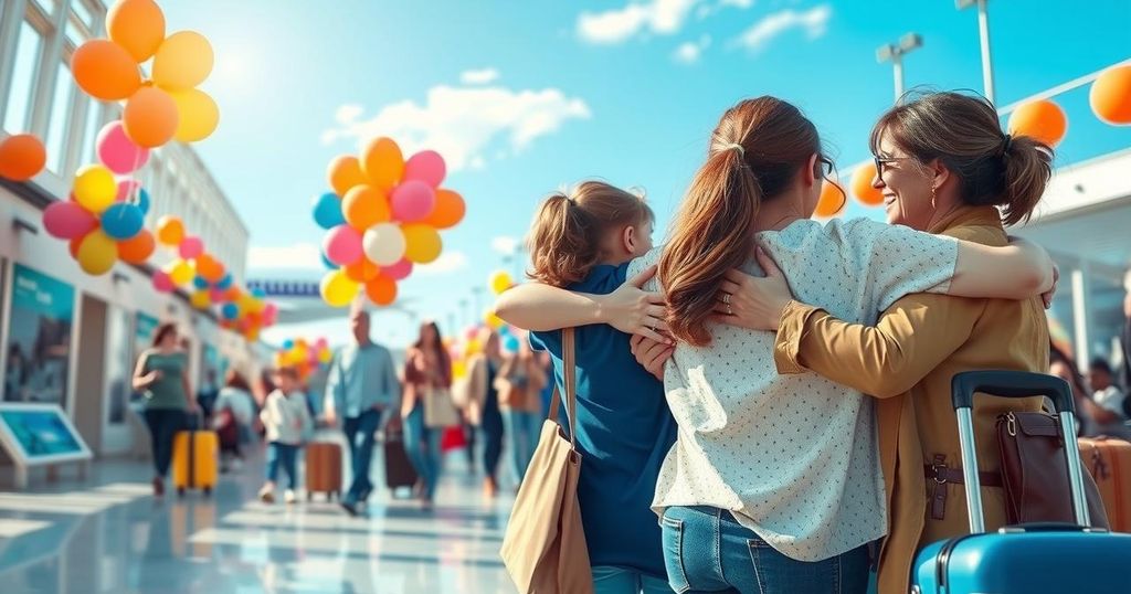 Venezuelan nationals reunited with families at airport after deportation, symbolizing hope and freedom.