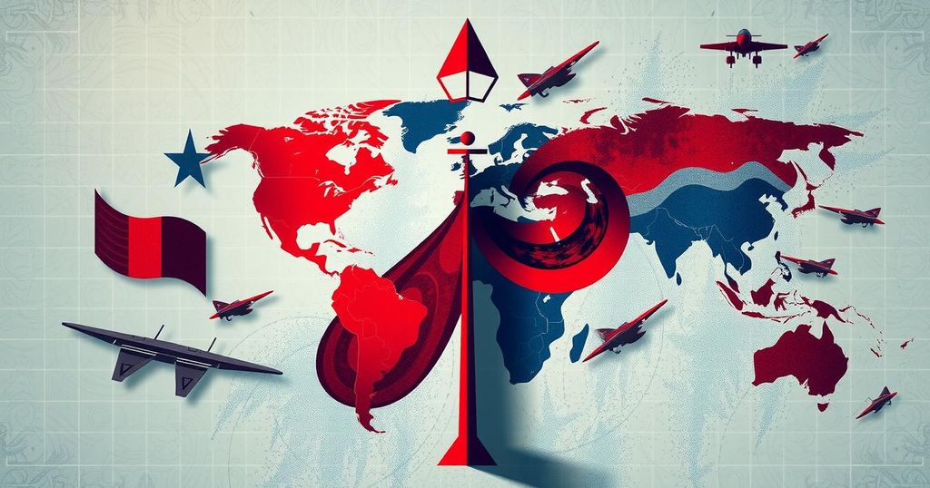 A strategic political landscape influenced by unpredictability and global power shifts, vibrant colors, military symbols.