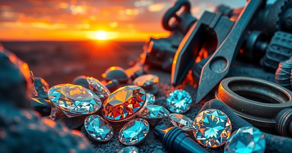 Symbolic representation of diamond mining partnership between Botswana and De Beers, featuring diamonds and industrial tools.