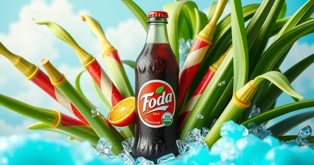 A colorful depiction of a soda bottle surrounded by sugar cane, highlighting an iconic beverage formula change.
