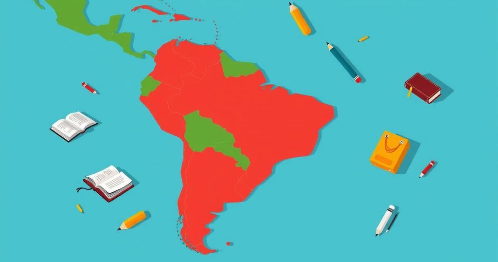 A colorful map of Latin America highlighting education disparities among countries with graphical elements.