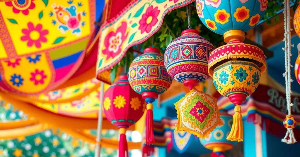 Vibrant Colombian festival decoration with colorful banners, cultural symbols, and festive elements in a lively scene.